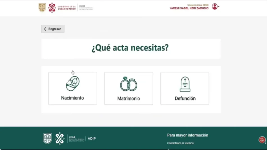 Paso 3:Selecciona el tipo de acta En el menú de trámites, elige "Tramitar acta" → "Matrimonio".