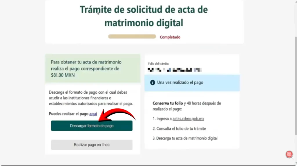 Paso 9:Descarga tu acta de matrimonio digital Una vez confirmado el pago, el sistema genera tu acta certificada al instante. Puedes descargarla directamente desde el portal y también la recibirás en tu correo electrónico.