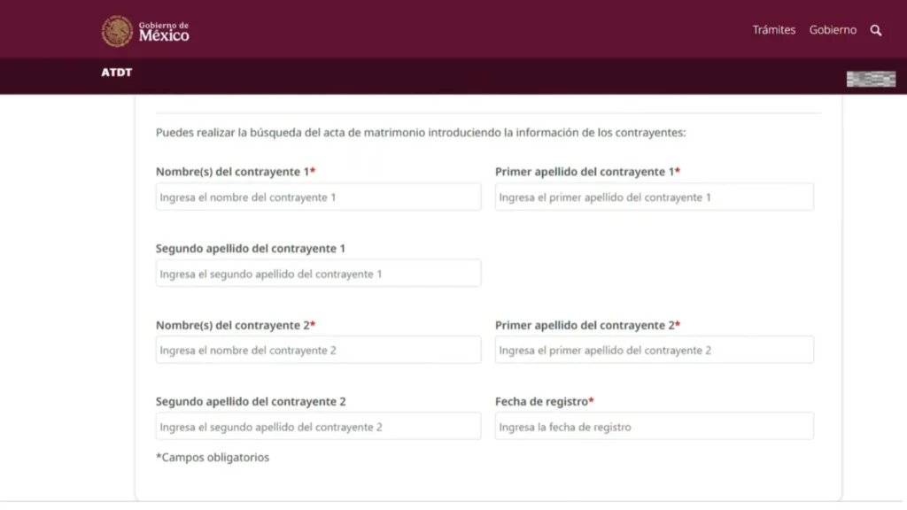 Paso 3:Ingresa los datos de los cónyuges El sistema te pedirá la CURP de ambas personas. Escríbela exactamente como aparece — sin espacios ni caracteres adicionales.
