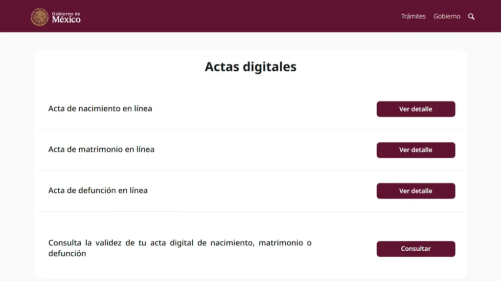 Paso 2:Selecciona "Acta de matrimonio en línea" En el panel principal, verás las opciones de actas digitales. Haz clic en certificado matrimonial en línea → Ver detalle.